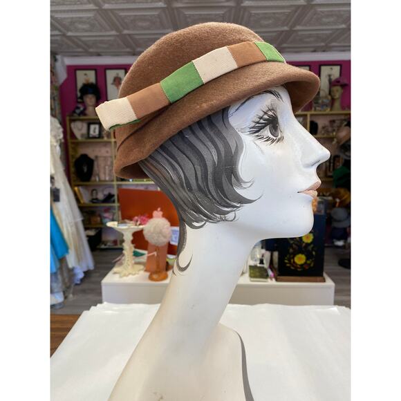vintage 1950s hat, brown and green striped, mrs maisel millinery, Eva Mae modes - Picture 1 of 7
